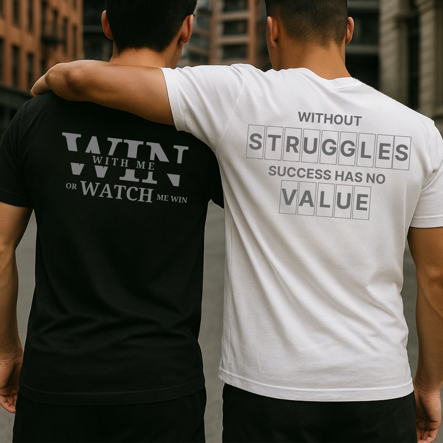 Two guys wearing motivational t-shirts