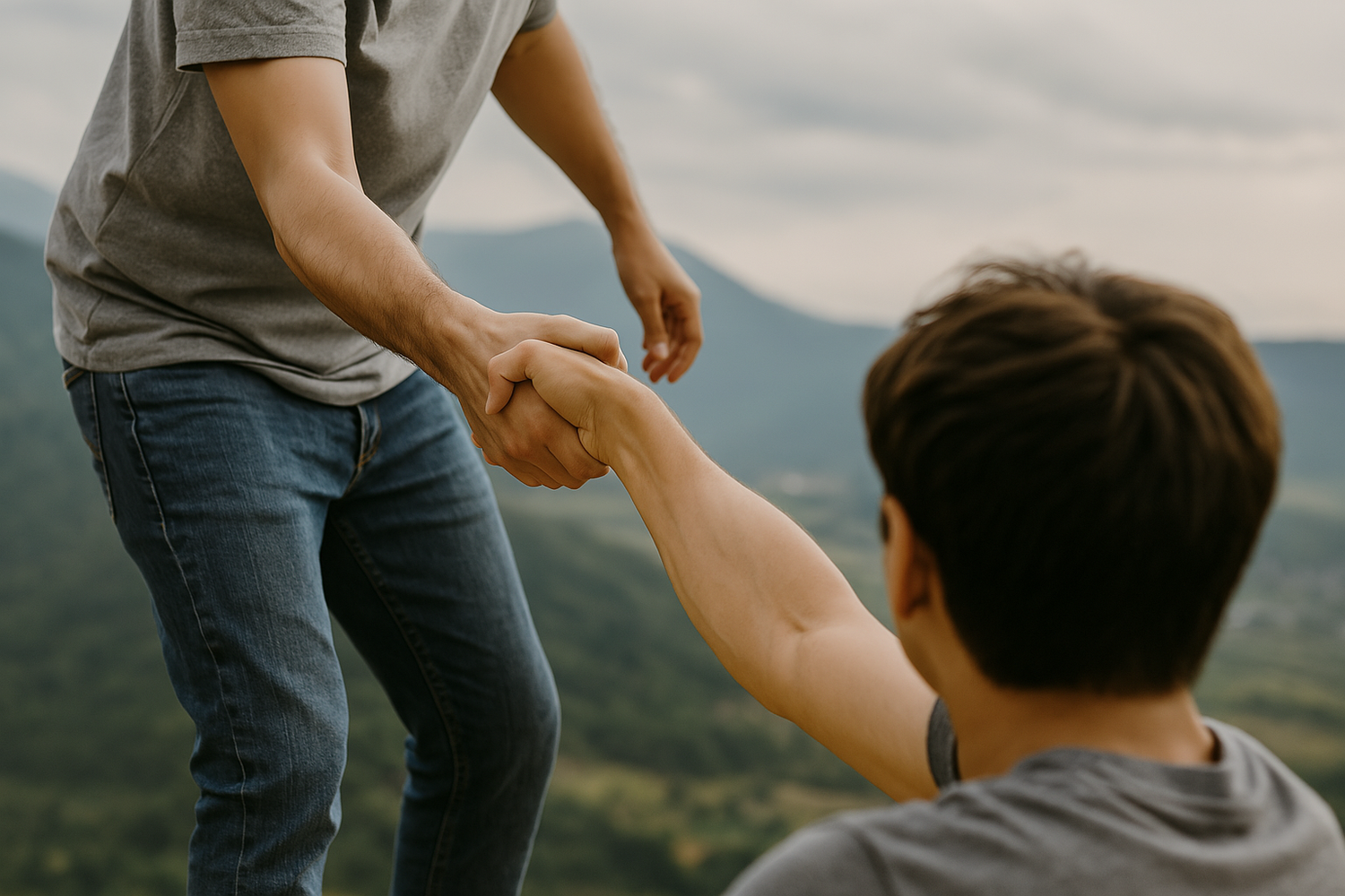 A man reaching down to help lift someone else up.