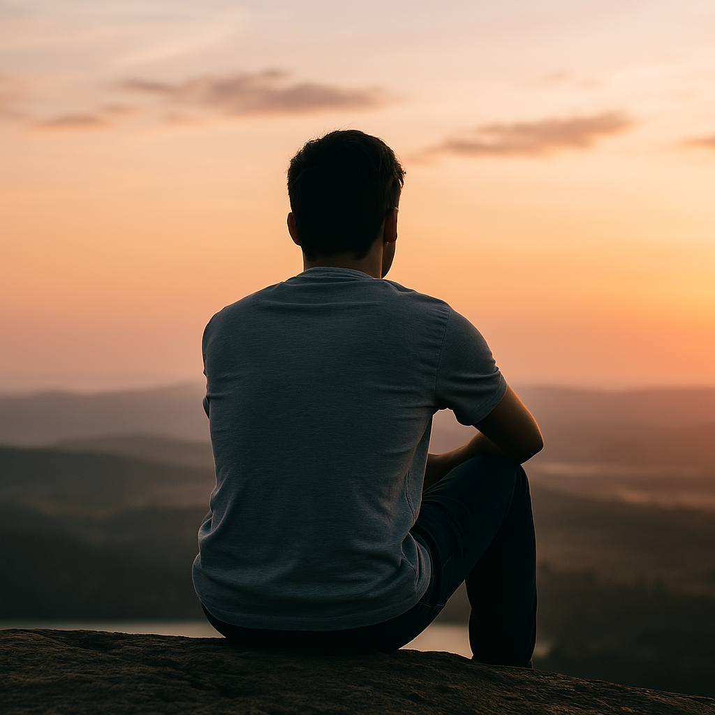 A man sitting alone, looking off into the distance.